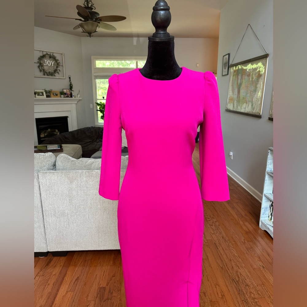 Hot Pink Badgley Mischka Sheath Dress 3/4 Sleeve Sz 0